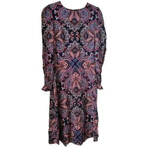 BODEN Smocked Cuff Midi Dress Navy Botanic Paisley Size US 6 UK 10R